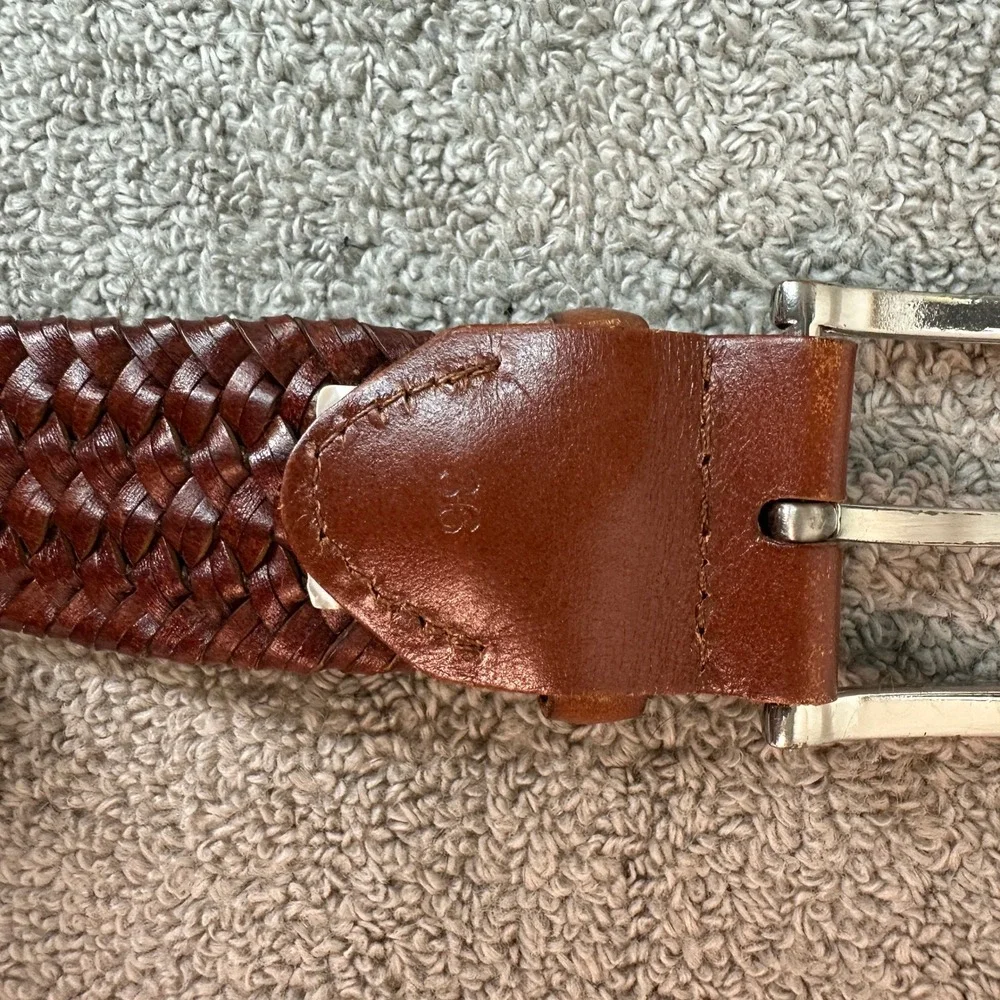 Mens Brown Woven Braided Leather Belt Size 36 Silver Buckle Casual Business